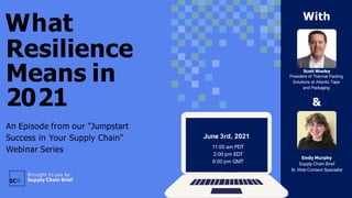 What
Resilience
Means in
2021
Brought to you by:
Supply Chain Brief
June 3rd, 2021
11:00 am PDT
2:00 pm EDT
6:00 pm GMT
With
Scott Wooley
President of Thermal Packing
Solutions at Atlantic Tape
and Packaging
&
Emily Murphy
Supply Chain Brief
Sr. Web Content Specialist
An Episode from our "Jumpstart
Success in Your Supply Chain"
Webinar Series
 