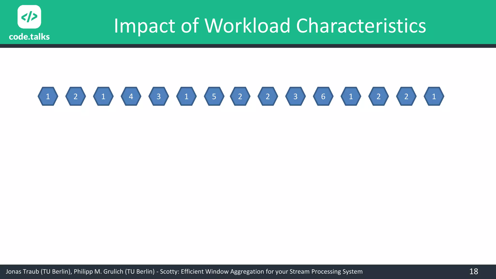 Jonas Traub (TU Berlin), Philipp M. Grulich (TU Berlin) - Scotty: Efficient Window Aggregation for your Stream Processing System
Impact of Workload Characteristics
1 2 1 4 3 1 5 2 2 3 6 1 2 2 1
18
 