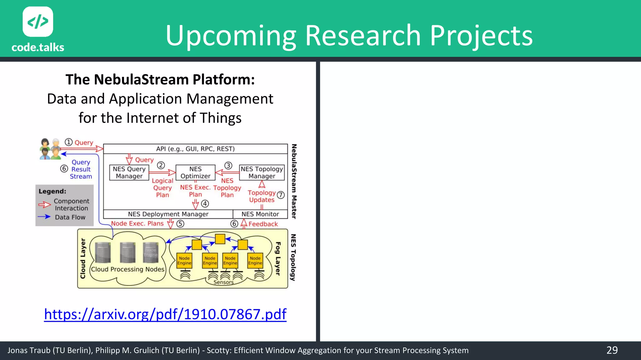 Jonas Traub (TU Berlin), Philipp M. Grulich (TU Berlin) - Scotty: Efficient Window Aggregation for your Stream Processing System
Upcoming Research Projects
The NebulaStream Platform:
Data and Application Management
for the Internet of Things
https://arxiv.org/pdf/1910.07867.pdf
29
 