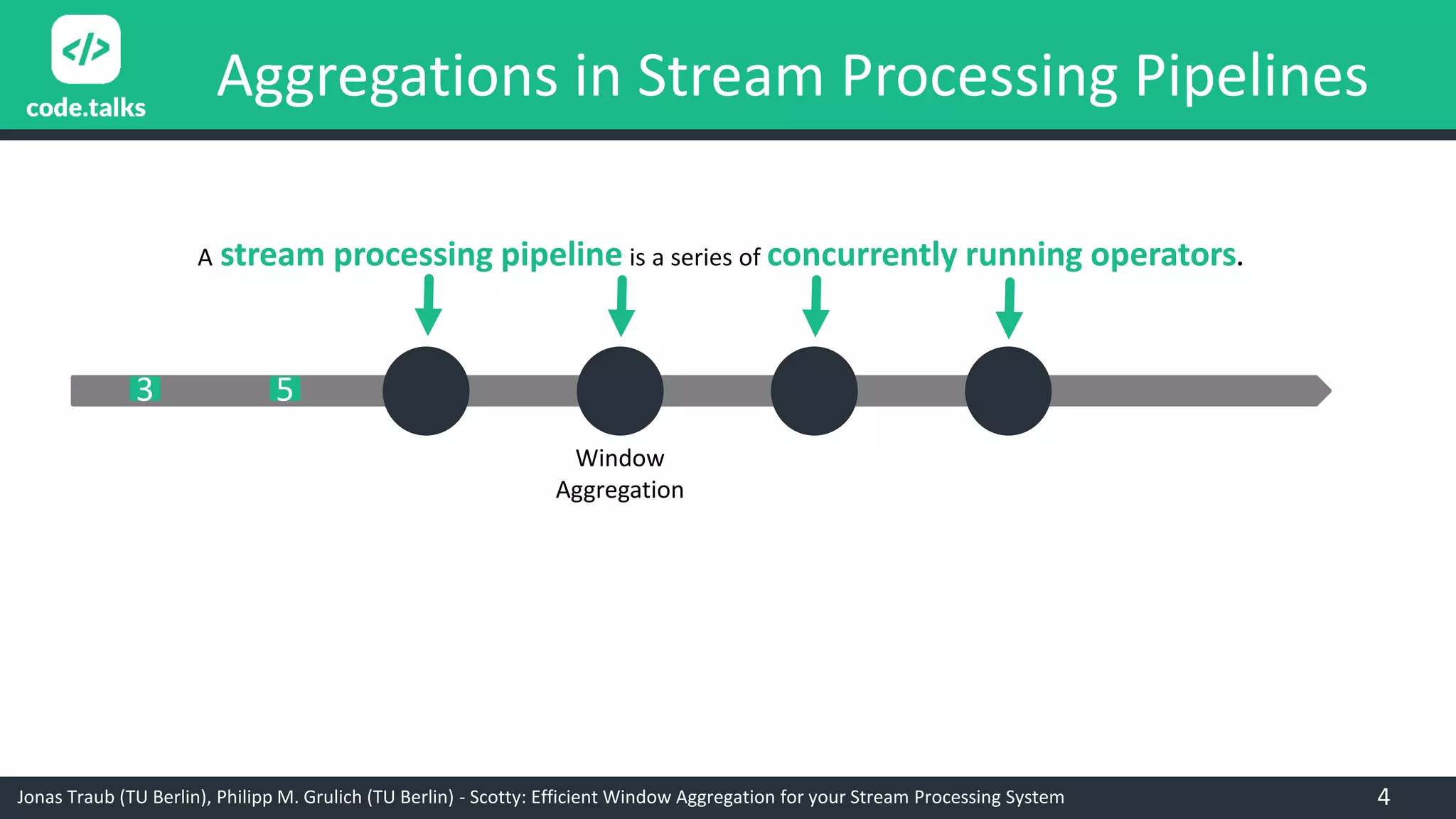 Jonas Traub (TU Berlin), Philipp M. Grulich (TU Berlin) - Scotty: Efficient Window Aggregation for your Stream Processing System
Aggregations in Stream Processing Pipelines
A stream processing pipeline is a series of concurrently running operators.
Window
Aggregation
4
53
 