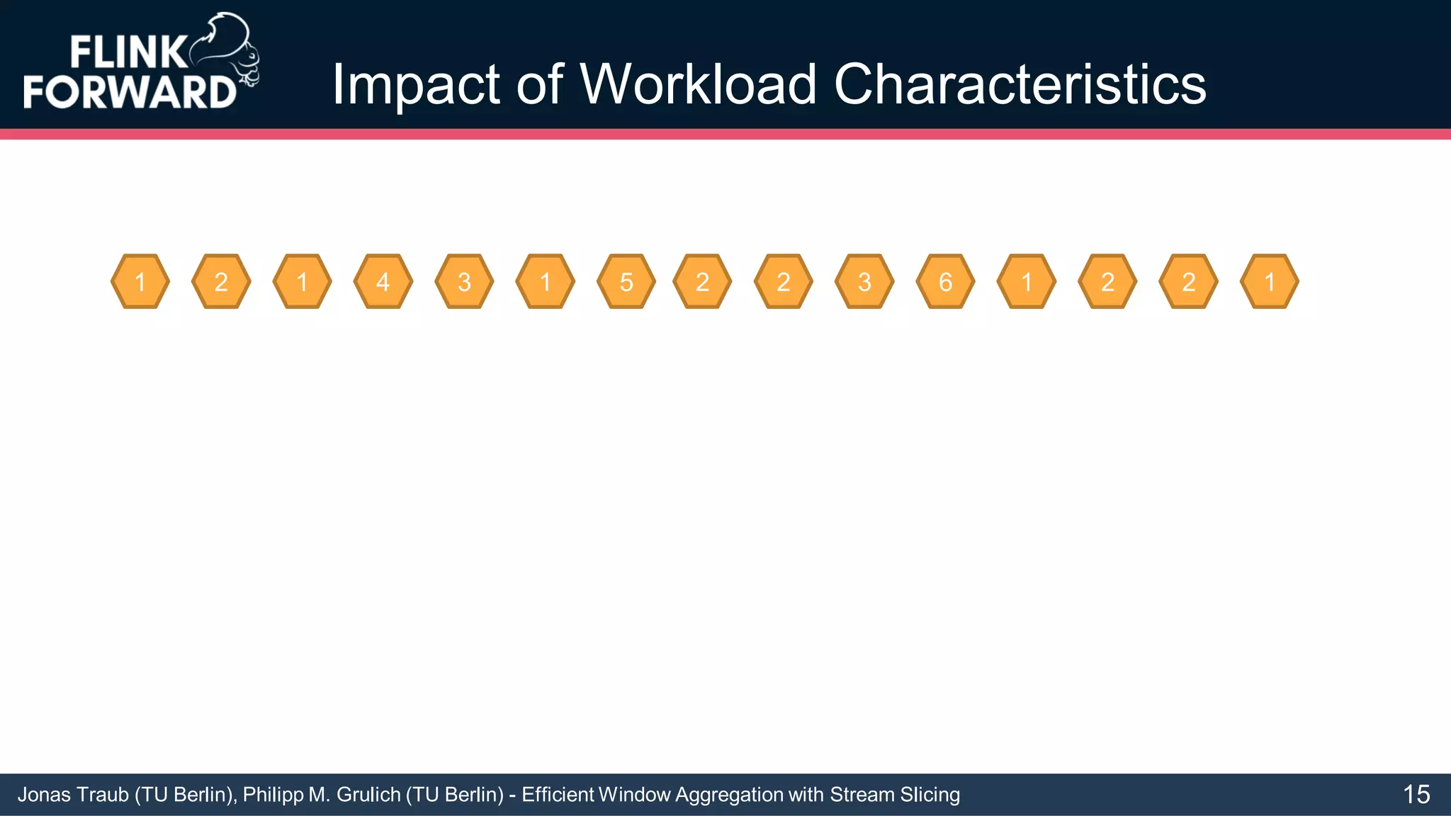 Jonas Traub (TU Berlin), Philipp M. Grulich (TU Berlin) - Efficient Window Aggregation with Stream Slicing
Impact of Workload Characteristics
1 2 1 4 3 1 5 2 2 3 6 1 2 2 1
15
 