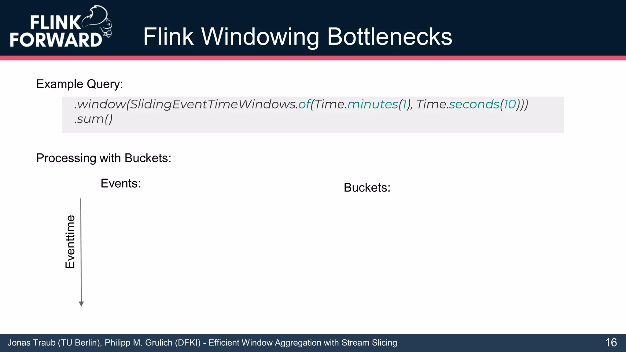 Jonas Traub (TU Berlin), Philipp M. Grulich (DFKI) - Efficient Window Aggregation with Stream Slicing
Flink Windowing Bottlenecks
16
.window(SlidingEventTimeWindows.of(Time.minutes(1), Time.seconds(10)))
.sum()
Example Query:
Processing with Buckets:
Events: Buckets:
Eventtime
 