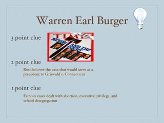 Warren Earl Burger 3 point clue 2 point clue 1 point clue Resided over the case that would serve as a precedent to Griswold v. Connecticut Famous cases dealt with abortion, executive privilege, and school desegregation 