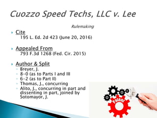  Cite
195 L. Ed. 2d 423 (June 20, 2016)
 Appealed From
793 F.3d 1268 (Fed. Cir. 2015)
 Author & Split
◦ Breyer, J.
◦ 8-0 (as to Parts I and III
◦ 6-2 (as to Part II)
◦ Thomas, J., concurring
◦ Alito, J., concurring in part and
dissenting in part, joined by
Sotomayor, J.
 