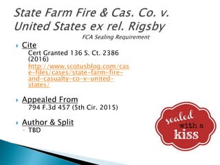  Cite
Cert Granted 136 S. Ct. 2386
(2016)
http://www.scotusblog.com/cas
e-files/cases/state-farm-fire-
and-casualty-co-v-united-
states/
 Appealed From
794 F.3d 457 (5th Cir. 2015)
 Author & Split
◦ TBD
 