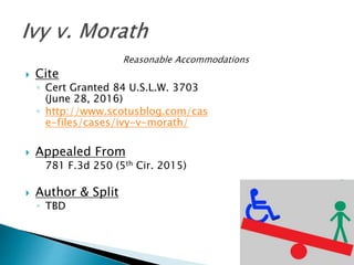  Cite
◦ Cert Granted 84 U.S.L.W. 3703
(June 28, 2016)
◦ http://www.scotusblog.com/cas
e-files/cases/ivy-v-morath/
 Appealed From
781 F.3d 250 (5th Cir. 2015)
 Author & Split
◦ TBD
 