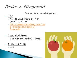  Cite
◦ Cert Denied 136 S. Ct. 536
(Nov. 30, 2015)
◦ http://www.scotusblog.com/cas
e-files/cases/paske-v-
fitzgerald/
 Appealed From
785 F.3d 977 (5th Cir. 2015)
 Author & Split
◦ N/A
 