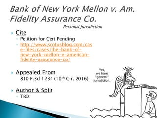  Cite
◦ Petition for Cert Pending
◦ http://www.scotusblog.com/cas
e-files/cases/the-bank-of-
new-york-mellon-v-american-
fidelity-assurance-co/
 Appealed From
810 F.3d 1234 (10th Cir. 2016)
 Author & Split
◦ TBD
 