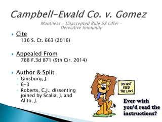  Cite
136 S. Ct. 663 (2016)
 Appealed From
768 F.3d 871 (9th Cir. 2014)
 Author & Split
◦ Ginsburg, J.
◦ 6-3
◦ Roberts, C.J., dissenting
joined by Scalia, J. and
Alito, J.
 