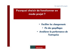 Du respect naît le progrès


Pourquoi choisir de fonctionner en
          mode projet ?


                  • Faciliter les changements
                     • Fin des gaspillages
                • Améliorer la performance de
                            l’entreprise




                MEDIAL
 
