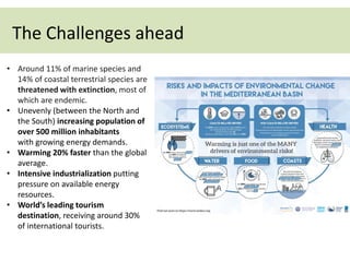 The Challenges ahead
• Around 11% of marine species and
14% of coastal terrestrial species are
threatened with extinction, most of
which are endemic.
• Unevenly (between the North and
the South) increasing population of
over 500 million inhabitants
with growing energy demands.
• Warming 20% faster than the global
average.
• Intensive industrialization putting
pressure on available energy
resources.
• World’s leading tourism
destination, receiving around 30%
of international tourists.
 
