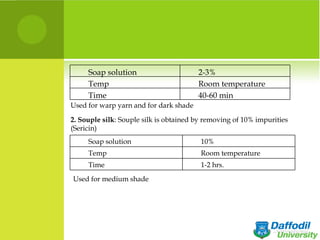 Soap solution                      2-3%
     Temp                               Room temperature
     Time                               40-60 min
Used for warp yarn and for dark shade

2. Souple silk: Souple silk is obtained by removing of 10% impurities
(Sericin)
     Soap solution                       10%
     Temp                                Room temperature
     Time                                1-2 hrs.
Used for medium shade
 