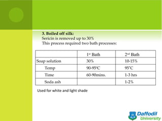 3. Boiled off silk:
  Sericin is removed up to 30%
  This process required two bath processes:

                             1st Bath         2nd Bath
Soap solution                30%              10-15%
    Temp                     90-950C          95˚C
    Time                     60-90mins.       1-3 hrs
    Soda ash                                  1-2%

Used for white and light shade
 