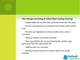 The changes occurring of cotton fibers during scouring:

    Saponifiable oils and free fatty acids are converted into soaps.

    Pectins and pectoses are converted into soluble salts of pectic
 acid.
    Proteins are degraded to simple soluble amino acids or
 ammonia.
    Mineral matters are mostly dissolved.

    Non-saponifiable oils are emulsified by the soluble soaps
 generated from the saponifiable oils.
    Additive dirts are removed.

    Residual sizing materials are broken down into soluble
 products.
 