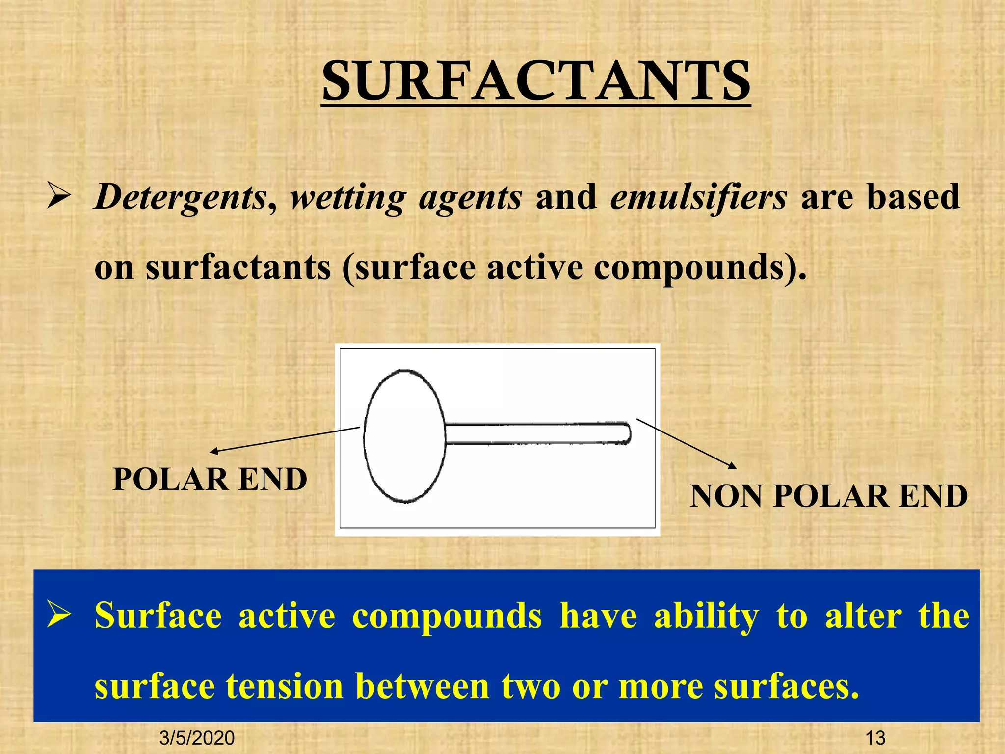 13
POLAR END NON POLAR END
 Detergents, wetting agents and emulsifiers are based
on surfactants (surface active compounds).
SURFACTANTS
 Surface active compounds have ability to alter the
surface tension between two or more surfaces.
3/5/2020
 