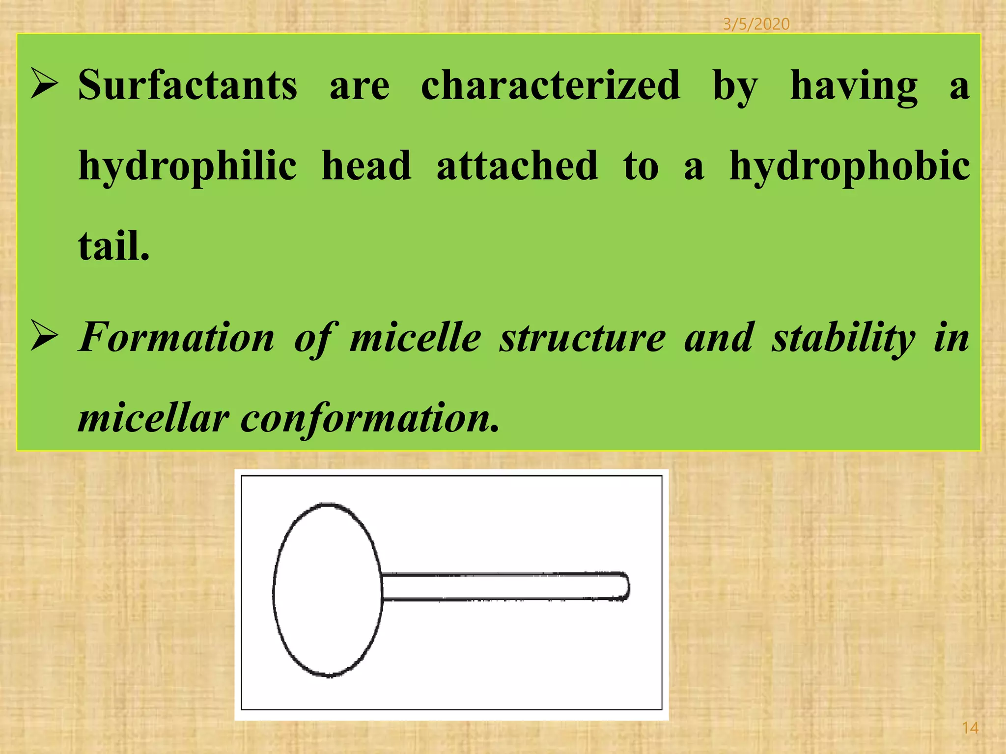14
 Surfactants are characterized by having a
hydrophilic head attached to a hydrophobic
tail.
 Formation of micelle structure and stability in
micellar conformation.
3/5/2020
 