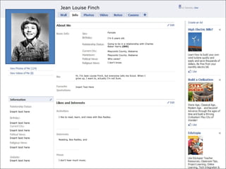 Female I’m 6 years old. Going to be in a relationship with Charles Baker Harris  (Dill) Maycomb County, Alabama Maycomb County, Alabama Who cares? I don’t know. Hi, I’m Jean Louise Finch, but everyone calls me Scout. When I grow up, I want to, actually I’m not Sure. Insert Text Here I like to read, learn, and mess with Boo Radley. Reading, Boo Radley, and  I don’t hear much music. Jean Louise Finch Insert text here Insert text here Insert text here Insert text here Insert text here Insert text here 
