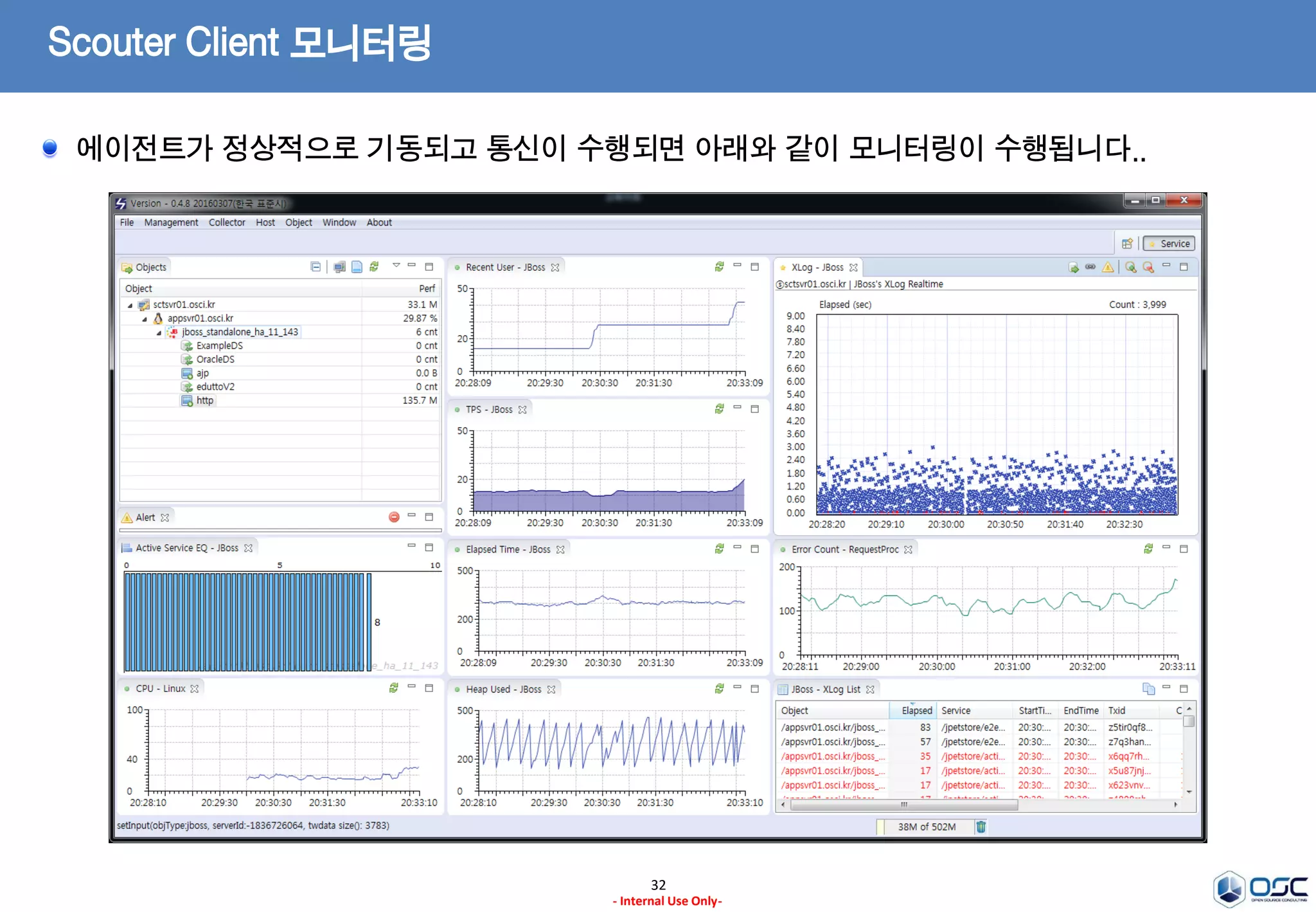Scouter Client 모니터링
32
- Internal Use Only-
1. 서버 접속
① Windows > Preference > default ‘javaEE’ 에서 jboss 선택 변경
Scouter 서버에 접속하고 모니터링 대상을 JBoss로 변경하도록 합니다.
 