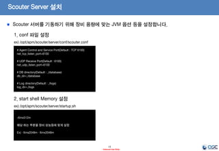 Scouter Server 설치
13
- Internal Use Only-
1. 압축해제
ex) tar -xvzf scouter.server.tar.gz
2. 실행 권한 부여
ex) chmod –fR 755 *
Scouter 서버 압축 해제 후 실행 권한을 부여합니다.
 