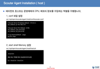 Scouter Agent Installation (host, java 공통)
19
- Internal Use Only-
1. 압축해제
ex) tar -xvzf scouter.agent.tar.gz
2. 실행 권한 부여
ex) chmod –fR 755 *
에이전트를 다운받고 실행권한을 부여합니다.
 