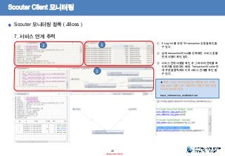 Scouter Client 모니터링
Scouter 모니터링 항목 ( JBoss )
7. 서비스 연계 추적
46
- Internal Use Only-
① X-Log list 를 보면 각 transaction 요청을 확인할
수 있다.
② 실제 transaction의 txid를 선택하면 서비스 호출
연계 내용이 확인 된다.
③ 서비스 연계 내용을 확인 후 그 하위의 연계를 확
인하기를 원한다면, 해당 Transaction의 caller 연
계 부분을 클릭하여 이후 서비스 연계를 확인 할
수 있다.
12
3
★ 해당 서비스 연계와 관련된 화면을 보기 위해
서는 agent 설정 conf 파일에서 다음과 같은 설정
이 되어 있어야 한다.
trace_interservice_enabled=true
 