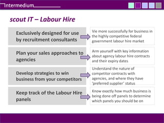 scout IT – Labour Hire Vie more successfully for business in the highly competitive federal government labour hire market Exclusively designed for use by recruitment consultants  Arm yourself with key information about agency labour hire contracts and their expiry dates  Plan your sales approaches to agencies Understand the nature of competitor contracts with agencies, and where they have ‘preferred supplier’ status Develop strategies to win business from your competitors  Keep track of the Labour Hire panels  Know exactly how much business is being done off panels to determine which panels you should be on 