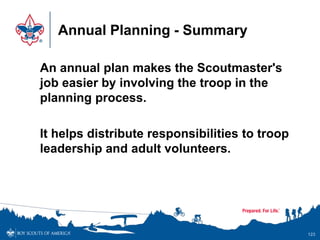 Annual Planning - Summary
An annual plan makes the Scoutmaster's
job easier by involving the troop in the
planning process.
It helps distribute responsibilities to troop
leadership and adult volunteers.
123
 