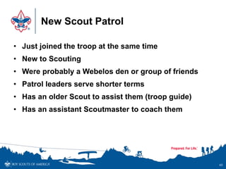 New Scout Patrol
• Just joined the troop at the same time
• New to Scouting
• Were probably a Webelos den or group of friends
• Patrol leaders serve shorter terms
• Has an older Scout to assist them (troop guide)
• Has an assistant Scoutmaster to coach them
45
 