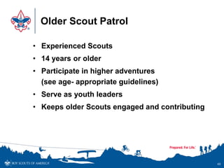 Older Scout Patrol
• Experienced Scouts
• 14 years or older
• Participate in higher adventures
(see age- appropriate guidelines)
• Serve as youth leaders
• Keeps older Scouts engaged and contributing
49
 
