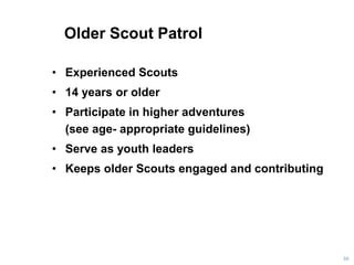 Older Scout Patrol
• Experienced Scouts
• 14 years or older
• Participate in higher adventures
(see age- appropriate guidelines)
• Serve as youth leaders
• Keeps older Scouts engaged and contributing
50
 