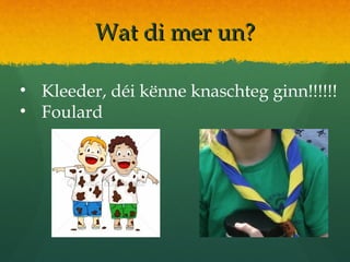 Wat di mer un?Wat di mer un?
• Kleeder, déi kënne knaschteg ginn!!!!!!
• Foulard
 