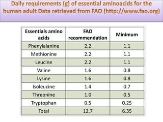 Daily requirements (g) of essential aminoacids for the human adult Data retrieved from FAO (http://www.fao.org)