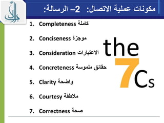 1. Completeness ‫كاملة‬
2. Conciseness ‫موجزة‬
3. Consideration ‫االعتبارات‬
4. Concreteness ‫ملموسة‬ ‫حقاةق‬
5. Clarity ‫واضحة‬
6. Courtesy ‫طفة‬ ‫م‬
7. Correctness ‫صحة‬
‫اال‬ ‫عملية‬ ‫مكونات‬‫تصال‬:2–‫الرسالة‬:
 