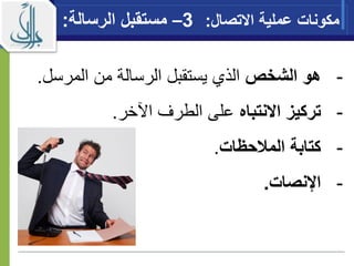 -‫هو‬‫الشخص‬‫الذ‬‫ي‬‫من‬ ‫الرسالة‬ ‫يستقبل‬‫ا‬‫لم‬‫ر‬‫سل‬.
-‫اال‬ ‫تركيز‬‫نتباه‬‫الطرف‬ ‫على‬‫اآل‬‫خر‬.
-‫حيات‬ ‫الم‬ ‫كتابة‬.
-‫اإلنصات‬.
‫اال‬ ‫عملية‬ ‫مكونات‬‫تصال‬:3–‫ا‬ ‫مستقبل‬‫لرسالة‬:
 