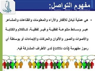 ‫مفهوم‬‫الت‬‫وا‬‫صل‬:
•‫لألفكار‬ ‫تبادل‬ ‫عملية‬ ‫هي‬‫واألراء‬‫والمشاا‬ ‫والقناعات‬ ‫والمعلومات‬‫عر‬
‫اااة‬‫ا‬‫والكتاب‬ ‫م‬ ‫اااالك‬‫ا‬‫ك‬ ‫اااة‬‫ا‬‫لفيي‬ ‫ااار‬‫ا‬‫ومي‬ ‫اااة‬‫ا‬‫لفيي‬ ‫اااة‬‫ا‬‫متنوع‬ ‫ااااةط‬‫ا‬‫وس‬ ‫ااار‬‫ا‬‫عب‬
‫أي‬ ‫بوساطة‬ ‫أو‬ ‫واإليماءات‬ ‫والحركات‬ ‫واأللوان‬ ‫والصور‬ ‫واألصوات‬
‫مفهومة‬ ‫رموز‬(‫دالالت‬ ‫ذات‬)‫فيه‬ ‫المشاركة‬ ‫األطراف‬ ‫لدى‬.
5
 