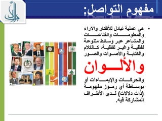 ‫مفهوم‬‫الت‬‫وا‬‫صل‬:
•‫را‬ ‫وا‬ ‫لألفكاار‬ ‫تبادل‬ ‫عملية‬ ‫هي‬‫ء‬
‫ااااااااااااات‬‫ا‬‫والقناع‬ ‫ااااااااااااات‬‫ا‬‫والمعلوم‬
‫اة‬‫ا‬‫متنوع‬ ‫ااةط‬‫ا‬‫وس‬ ‫ار‬‫ا‬‫عب‬ ‫ااعر‬‫ا‬‫والمش‬
‫م‬ ‫اااالك‬‫ا‬‫ك‬ ‫اااة‬‫ا‬‫لفيي‬ ‫ااار‬‫ا‬‫ومي‬ ‫اااة‬‫ا‬‫لفيي‬
‫اااور‬‫ا‬‫والص‬ ‫اااوات‬‫ا‬‫واألص‬ ‫اااة‬‫ا‬‫والكتاب‬
‫اااااوان‬‫ا‬‫واألل‬
‫اااااااات‬‫ا‬‫والحرك‬‫ااااااااءات‬‫ا‬‫واإليم‬‫أو‬
‫مفهوماااة‬ ‫رماااوز‬ ‫أي‬ ‫بوسااااطة‬
(‫دالالت‬ ‫ذات‬)‫األطااااراف‬ ‫لاااادى‬
‫فيه‬ ‫المشاركة‬.
 