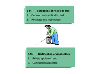 8-14. Categories of Pesticide Use:
1. General use insecticides; and
2. Restricted use insecticides.
8-15. Certification of Applicators:
1. Private applicator; and
2. Commercial applicator.
 
