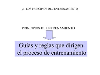 2.- LOS PRINCIPIOS DEL ENTRENAMIENTO
PRINCIPIOS DE ENTRENAMIENTO
Guías y reglas que dirigen
el proceso de entrenamiento
 