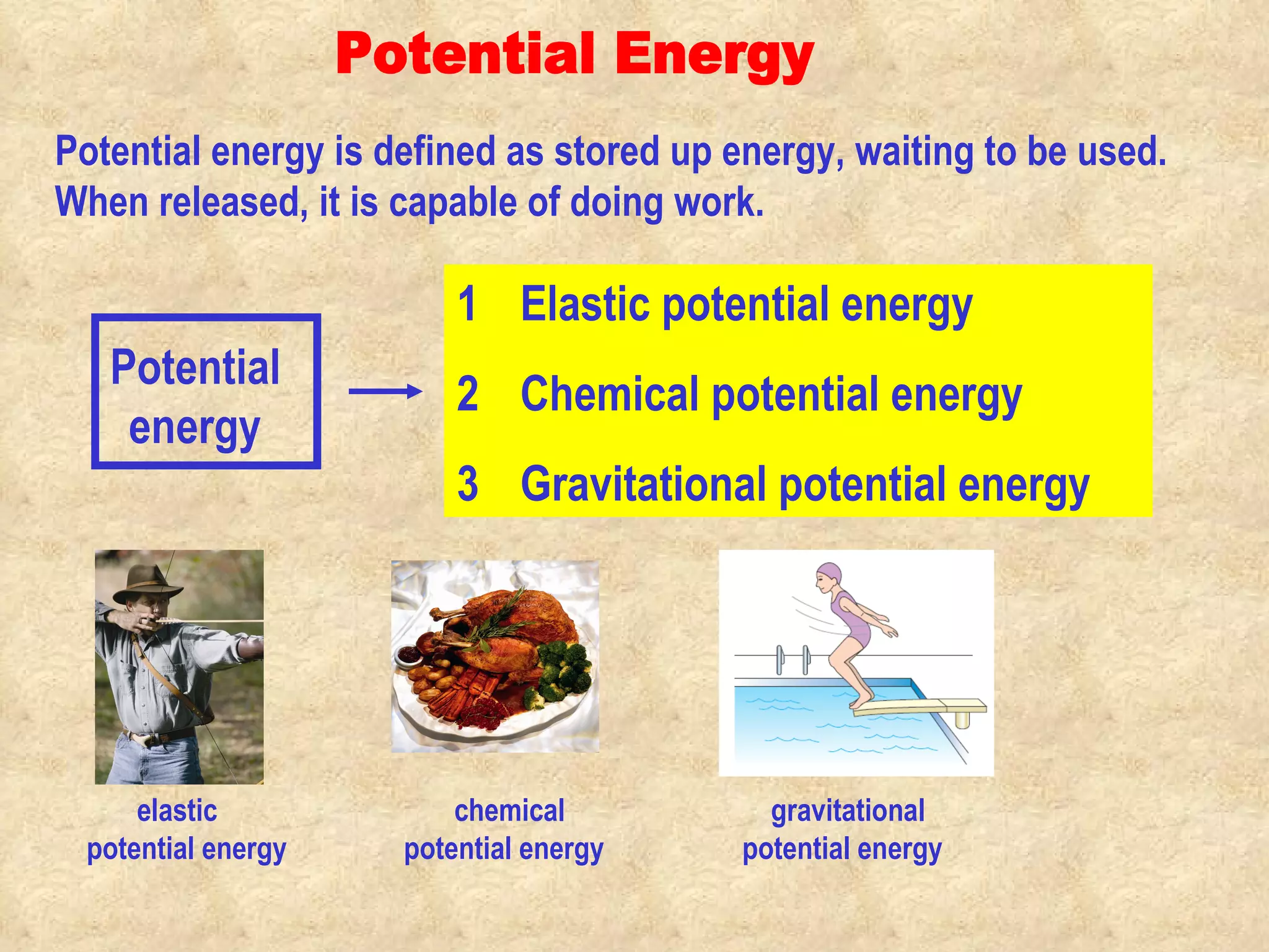 Potential energy is defined as stored up energy, waiting to be used. When released, it is capable of doing work.  Potential Energy                                            Potential energy Elastic  potential energy Chemical potential energy Gravitational  potential energy gravitational potential energy elastic potential energy chemical potential energy 