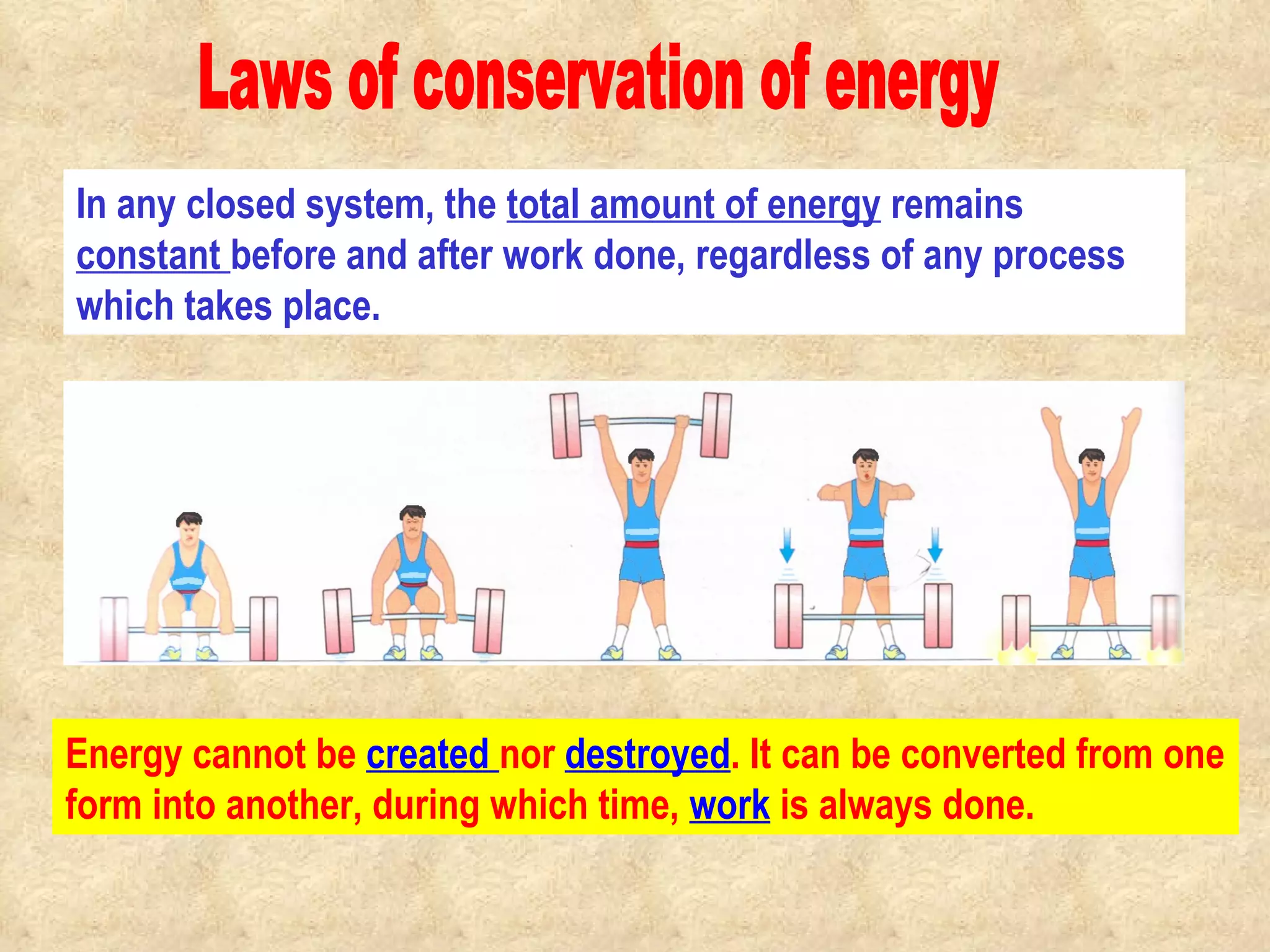 Laws of conservation of energy Energy cannot be  created  nor  destroyed . It can be converted from one form into another, during which time,  work  is always done. In any closed system, the  total amount of energy  remains  constant  before and after work done, regardless of any process which takes place.                                                                                         