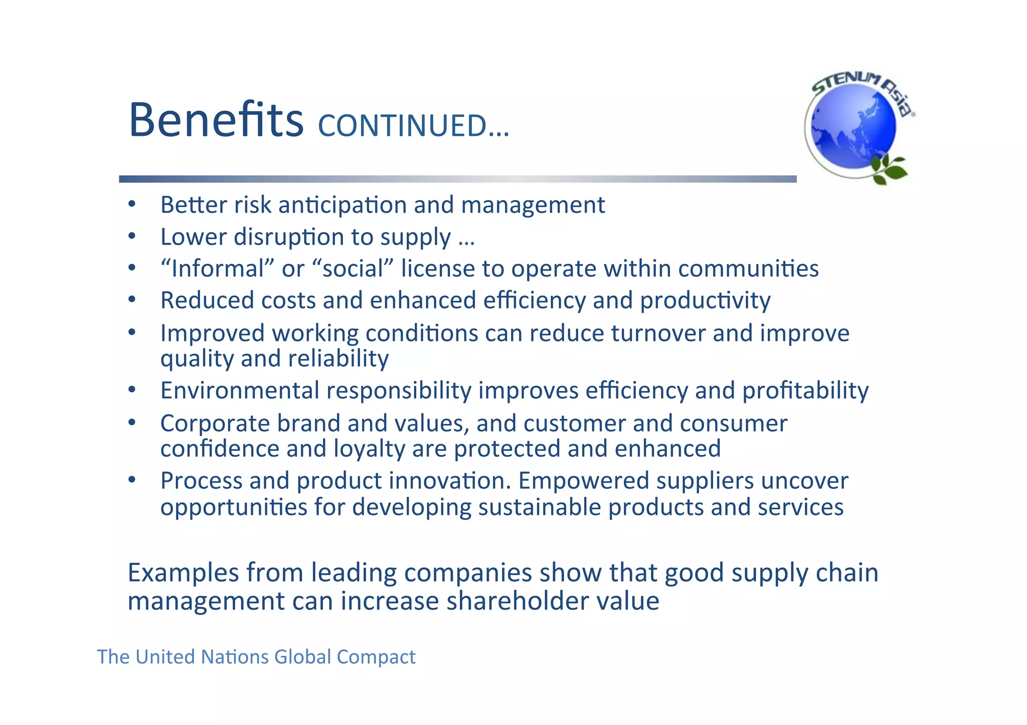 Beneﬁts	CONTINUED…	
•  BePer	risk	anFcipaFon	and	management	
•  Lower	disrupFon	to	supply	…	
•  “Informal”	or	“social”	license	to	operate	within	communiFes	
•  Reduced	costs	and	enhanced	eﬃciency	and	producFvity	
•  Improved	working	condiFons	can	reduce	turnover	and	improve	
quality	and	reliability	
•  Environmental	responsibility	improves	eﬃciency	and	proﬁtability	
•  Corporate	brand	and	values,	and	customer	and	consumer	
conﬁdence	and	loyalty	are	protected	and	enhanced	
•  Process	and	product	innovaFon.	Empowered	suppliers	uncover	
opportuniFes	for	developing	sustainable	products	and	services	
	
Examples	from	leading	companies	show	that	good	supply	chain	
management	can	increase	shareholder	value	
The	United	NaFons	Global	Compact		
 