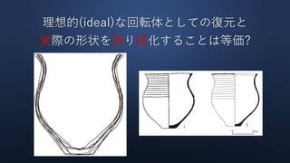 理想的(ideal)な回転体としての復元と
実際の形状を測り図化することは等価?
 