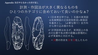 計測・作図法が大きく異なるものを
ひとつのカテゴリに含めておいて良いのかなぁ?
Appendix: 当日やらなかった付け足し
•（日本考古学では、）石器の実測図
は各展開面の正投射投影図+断面図
を基本とし、（必要な限り）全方向
から測り込み描かれる
☞ 計測誤差はあるが、実測図上の各
点の位置や各点間の距離は原理的に
必ず実資料と対応する。
＝実際の形状を測り図化したもの
 