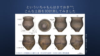 といういちゃもんはさておき^^;
こんな土器を3D計測してみました
大田区久ヶ原遺跡出土甕形土器（弥生時代後期）大田区立郷土博物館蔵
野
口
・
斎
藤
２
０
１
８
、
図
4
 