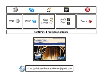 Page   Profil          Profil         Profil
                                      Page         Board
                     Groupe


                SCPN Paris 1 Panthéon-Sorbonne




         scpn.paris1.pantheon.sorbonne@gmail.com
 