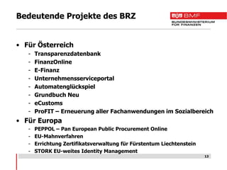 Bedeutende Projekte des BRZ


• Für Österreich
   -   Transparenzdatenbank
   -   FinanzOnline
   -   E-Finanz
   -   Unternehmensserviceportal
   -   Automatenglückspiel
   -   Grundbuch Neu
   -   eCustoms
   -   ProFIT – Erneuerung aller Fachanwendungen im Sozialbereich
• Für Europa
   -   PEPPOL – Pan European Public Procurement Online
   -   EU-Mahnverfahren
   -   Errichtung Zertifikatsverwaltung für Fürstentum Liechtenstein
   -   STORK EU-weites Identity Management
                                                                       13
 