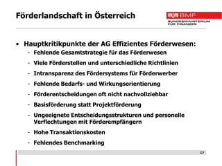 Förderlandschaft in Österreich


• Hauptkritikpunkte der AG Effizientes Förderwesen:
   - Fehlende Gesamtstrategie für das Förderwesen
   - Viele Förderstellen und unterschiedliche Richtlinien
   - Intransparenz des Fördersystems für Förderwerber
   - Fehlende Bedarfs- und Wirkungsorientierung
   - Förderentscheidungen oft nicht nachvollziehbar
   - Basisförderung statt Projektförderung
   - Ungeeignete Entscheidungsstrukturen und personelle
     Verflechtungen mit Förderempfängern
   - Hohe Transaktionskosten
   - Fehlendes Benchmarking
                                                            17
 