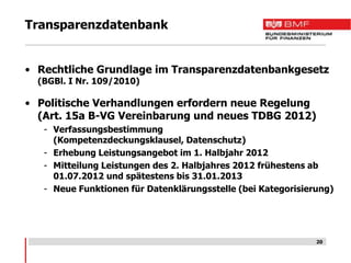 Transparenzdatenbank


• Rechtliche Grundlage im Transparenzdatenbankgesetz
  (BGBl. I Nr. 109/2010)

• Politische Verhandlungen erfordern neue Regelung
  (Art. 15a B-VG Vereinbarung und neues TDBG 2012)
   - Verfassungsbestimmung
     (Kompetenzdeckungsklausel, Datenschutz)
   - Erhebung Leistungsangebot im 1. Halbjahr 2012
   - Mitteilung Leistungen des 2. Halbjahres 2012 frühestens ab
     01.07.2012 und spätestens bis 31.01.2013
   - Neue Funktionen für Datenklärungsstelle (bei Kategorisierung)




                                                              20
 