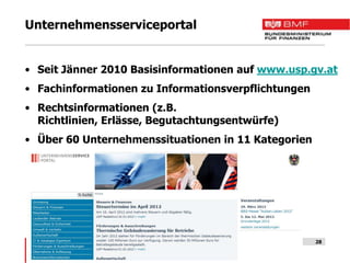Unternehmensserviceportal


• Seit Jänner 2010 Basisinformationen auf www.usp.gv.at
• Fachinformationen zu Informationsverpflichtungen
• Rechtsinformationen (z.B.
  Richtlinien, Erlässe, Begutachtungsentwürfe)
• Über 60 Unternehmenssituationen in 11 Kategorien




                                                     28
 