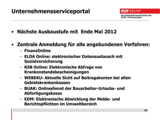 Unternehmensserviceportal


• Nächste Ausbaustufe mit Ende Mai 2012

• Zentrale Anmeldung für alle angebundenen Verfahren:
   - FinanzOnline
   - ELDA Online: elektronischer Datenaustausch mit
     Sozialversicherung
   - KSB Online: Elektronische Abfrage von
     Krankenstandsbescheinigungen
   - WEBEKU: Aktuelle Sicht auf Beitragskonten bei allen
     Gebietskrankenkassen
   - BUAK: Onlinedienst der Bauarbeiter-Urlaubs- und
     Abfertigungskassa
   - EDM: Elektronische Abwicklung der Melde- und
     Berichtspflichten im Umweltbereich
                                                           29
 